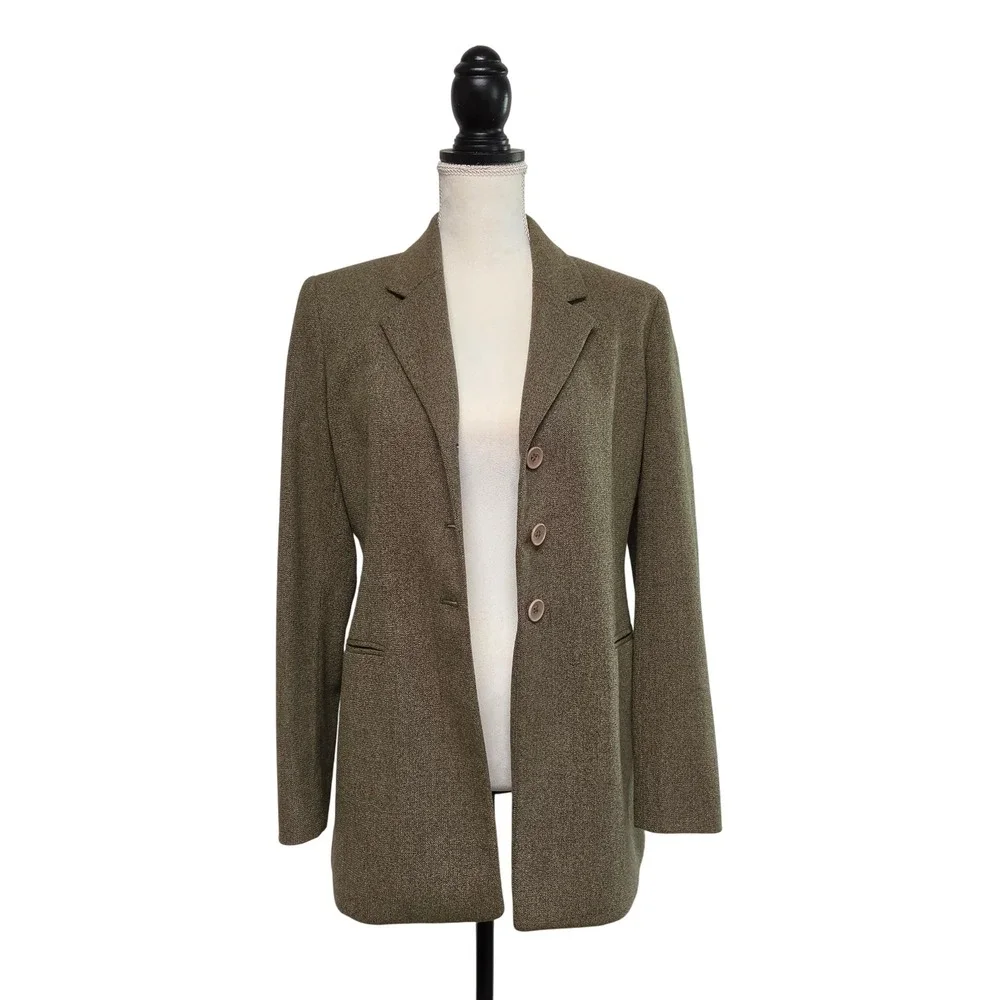Vintage 90s Jones New York Olive Tweed Virgin Wool Longline Blazer Size 4 Preppy